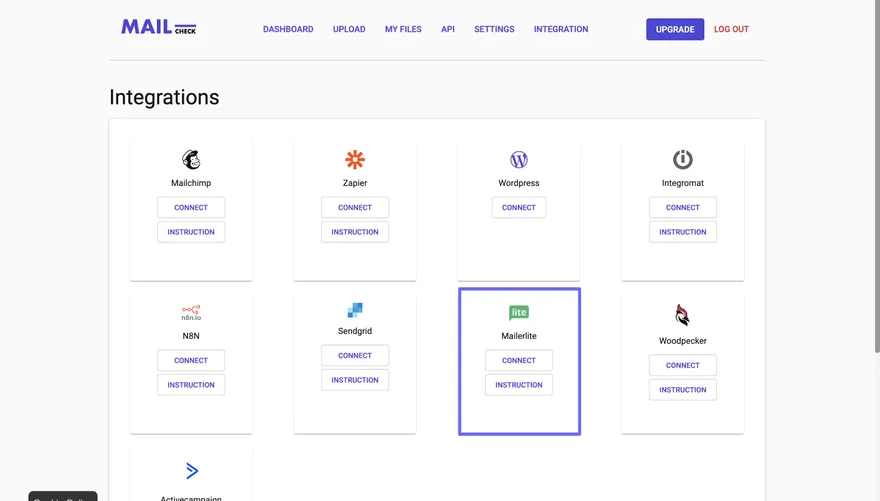 Mailerlite integration step 1: Mailcheck integration page