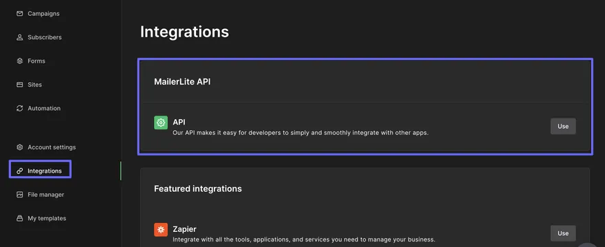 Mailerlite integration step 2: Copy your MailerLite API Key