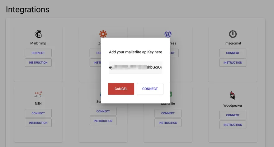 Mailerlite integration step 3: Click “Connect” to add your API key
