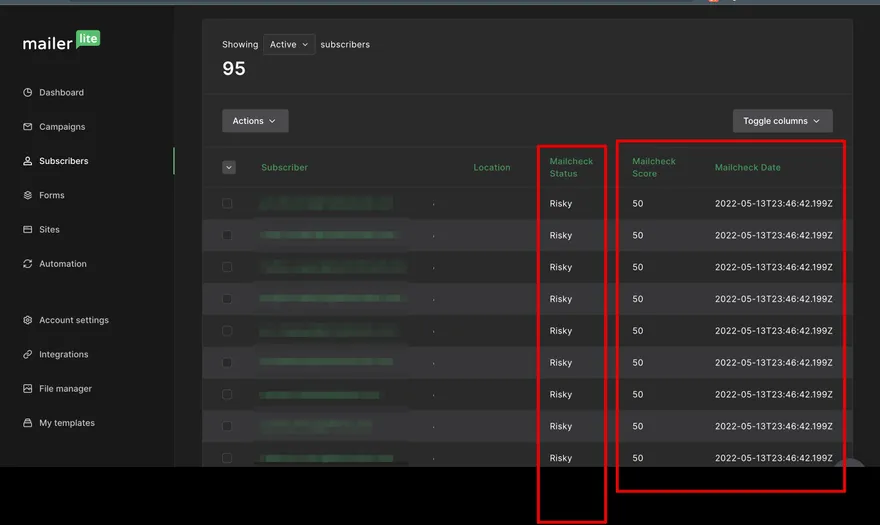 Mailerlite integration step 8: Toggle columns to choose “Mailcheck status”, “Mailcheck scrore”, “Mailcheck date”