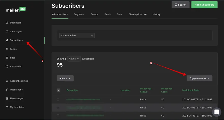 Mailerlite integration step 8: find “Subscribers” on the left sidebar