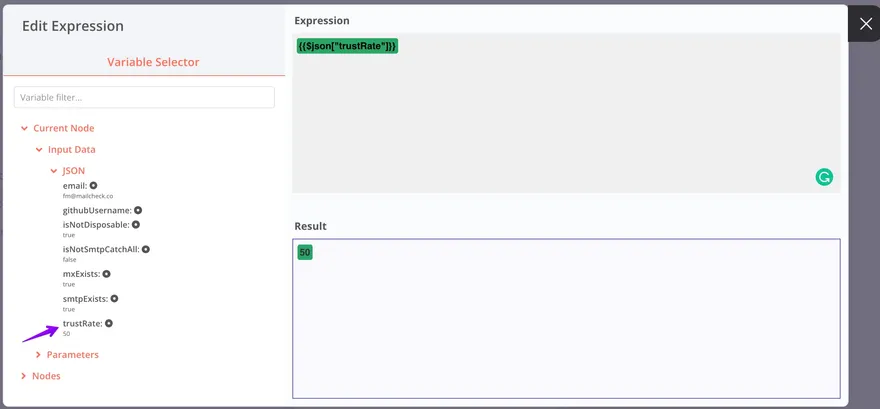 N8N integration step 8: Choose node and trustRate