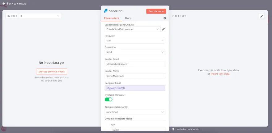 N8N integration step 8: Create new block SendGrid