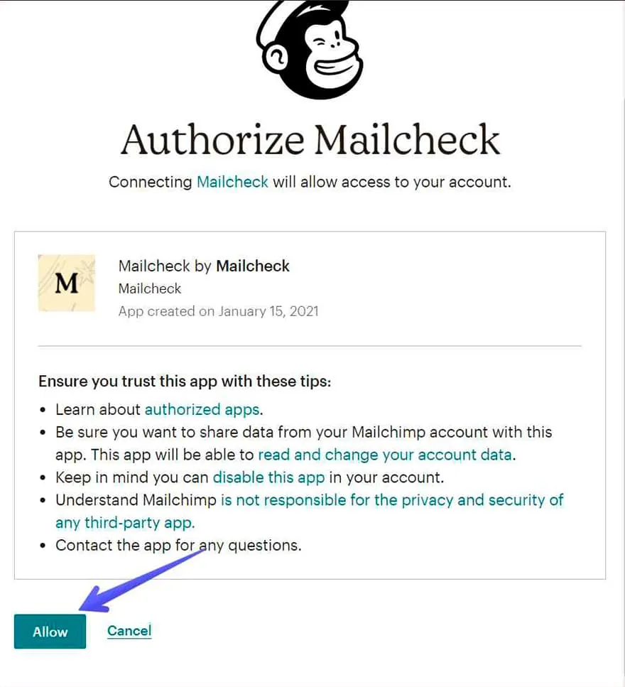 MailChimp integration step 2.1: Allow Mailcheck to view Mailchimp data