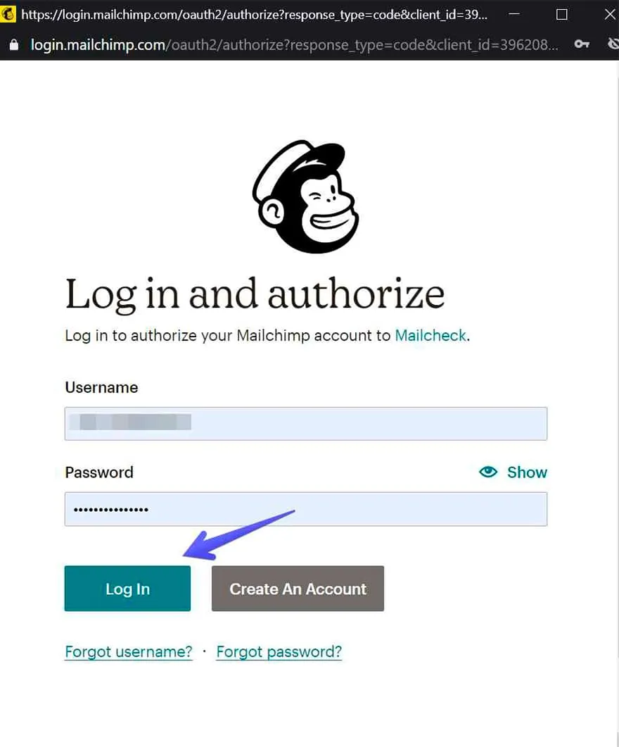 MailChimp integration step 2.1: Log in your Mailchimp account