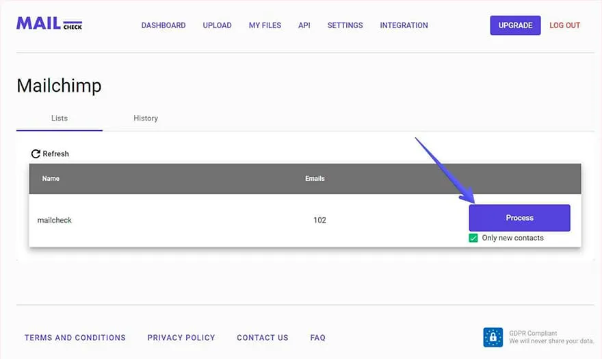 MailChimp integration step 4: Click “Process” to start the validation operation