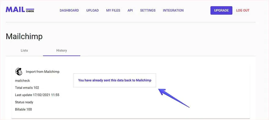 MailChimp integration step 5: see the progress of the validation