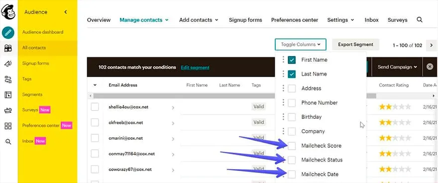 MailChimp integration step 7: Click 'Toggle columns' and choose from the dropdown menu 'Mailcheck Score', 'Mailcheck Status', 'Mailcheck Date'