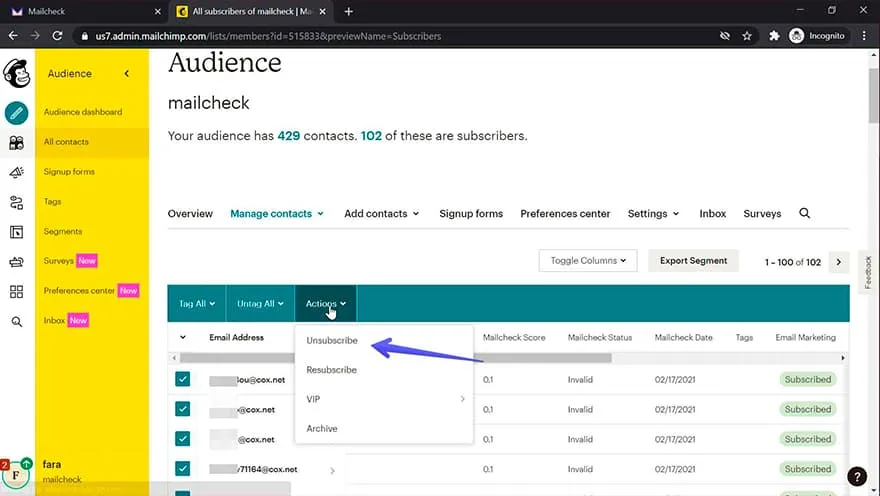 MailChimp integration step 9.2: unsubscribe 'invalid' emails
