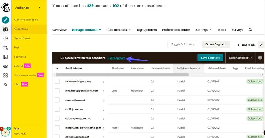 MailChimp integration step 9: filter your data in Mailchimp