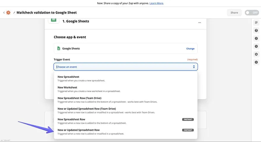 trigger new or updated spreadsheet row